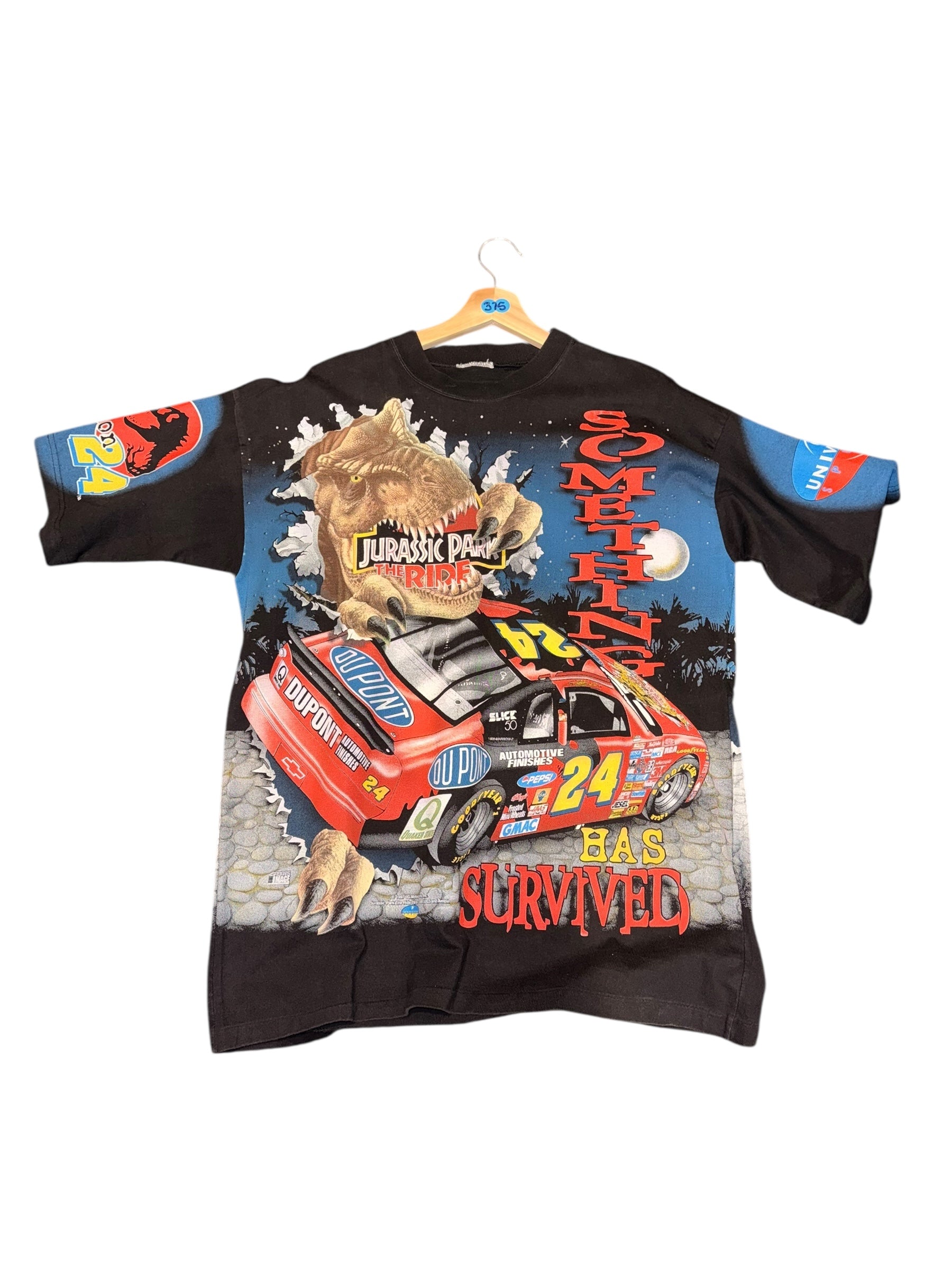 vintage 1997 Jeff Gordon NASCAR "Jurassic Park: The Ride" all-over-print t-shirt.
