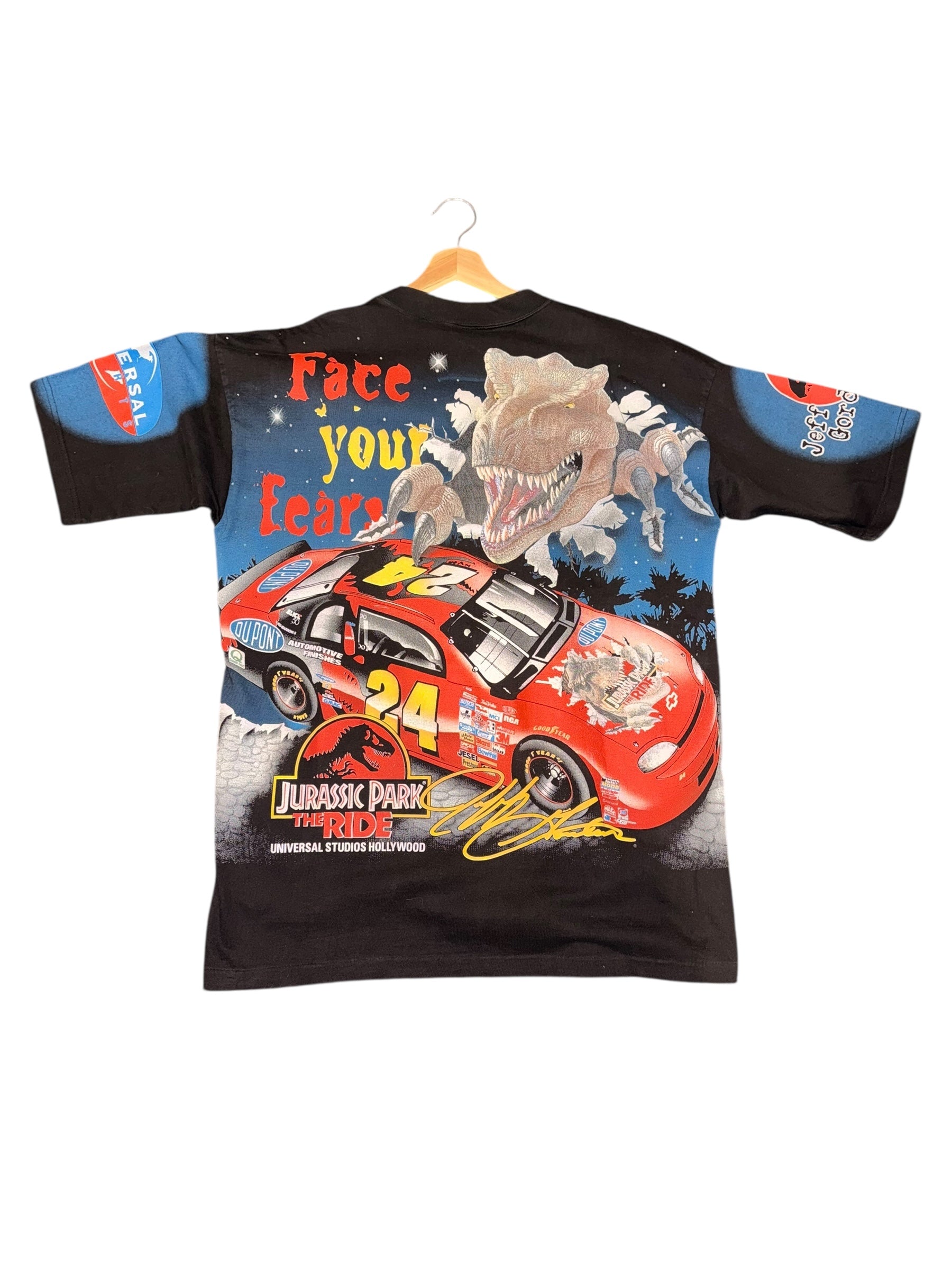 vintage 1997 Jeff Gordon NASCAR "Jurassic Park: The Ride" all-over-print t-shirt.